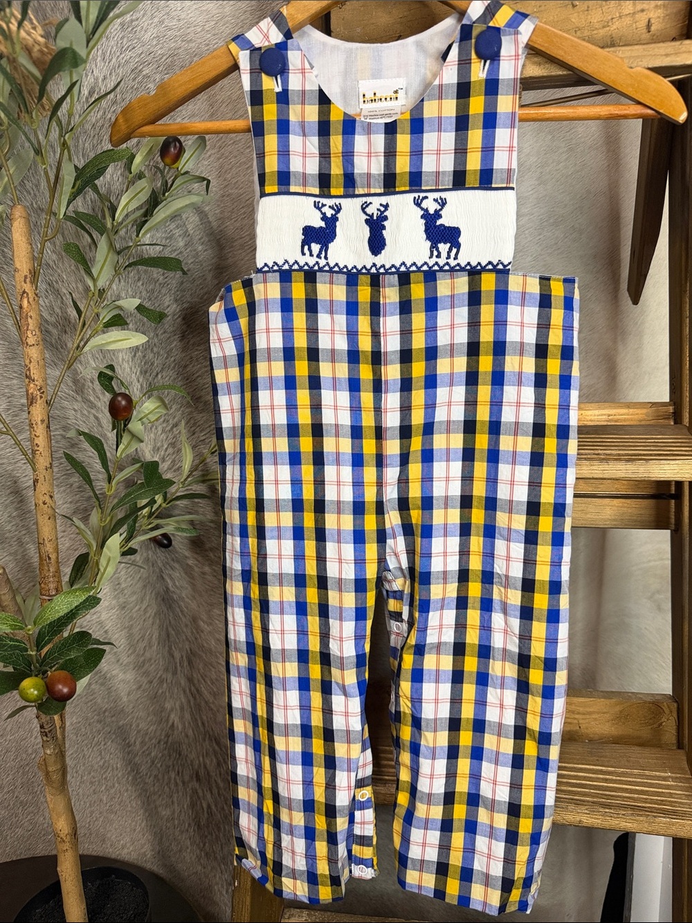 Babeeni Blue & Yellow Plaid, smocked deer silhouette Cotton long-all size 2